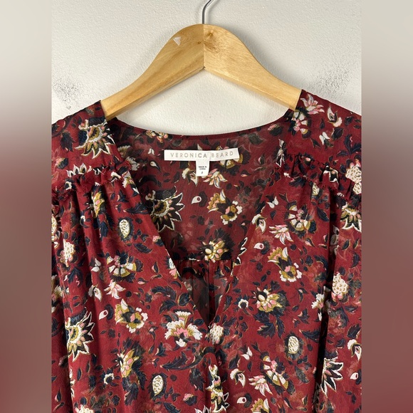 Veronica Beard Floral Bordeaux Dakota Ruched Silk Mini Dress Burgundy Size 8 - Picture 9 of 11